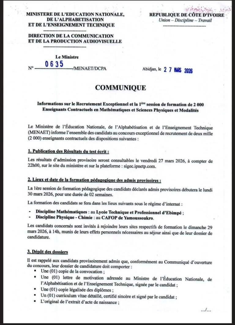 recrutement d’enseignants contractuels en Mathématique et Sciences Physiques : résultats attendus ce 27 mars, formation dès le 30 mars