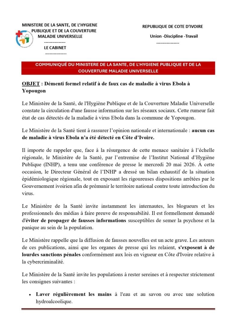 Yopougon : le ministère de la Santé dément les rumeurs de cas d’Ebola